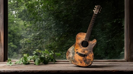 An antiquated acoustic guitar with rustic charm leans against a worn wooden windowsill, casting a stark contrast against the lush greenery outside.