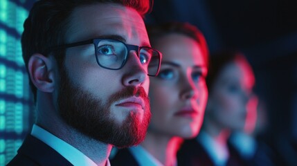 Business Team Focused on Analyzing Data with Holographic Technology