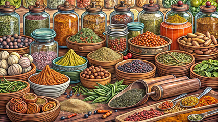 Fototapeta premium An array of colorful spices and herbs fills jars and bowls, showcasing different textures and colors, displayed on a rustic wooden table in a warm kitchen atmosphere
