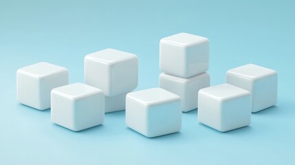 Obraz premium Minimalist white cubes on blue background, simple geometric shapes.