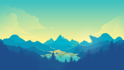 Minimalist Mountain Range with Vibrant Color Combinations in Flat Design Style, 4K HD Desktop Wallpaper Background