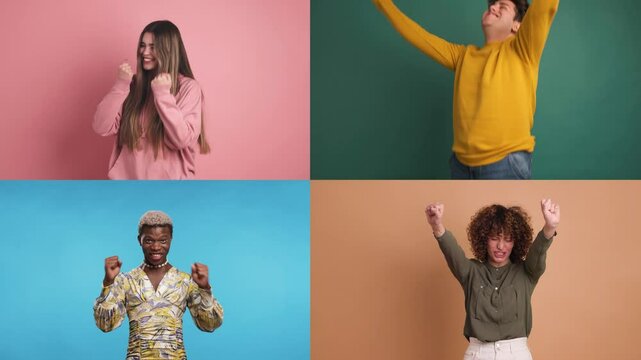 Multiple Screen Montage: Thrilled diverse men and women so excited