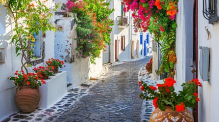 Fototapeta premium A captivating view of Santorini��s narrow cobblestone streets lined with vibrant flowers and whitewashed buildings, island setting with charming details, Floral style