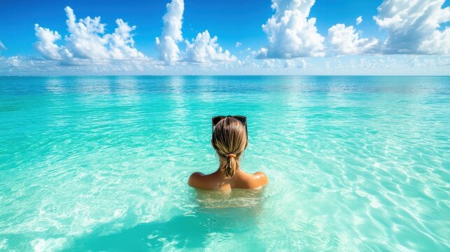 Unrecognizable woman in sunglasses enjoying the serene, crystal-clear waters of varadero beach in cuba, exemplifying a perfect tropical escape