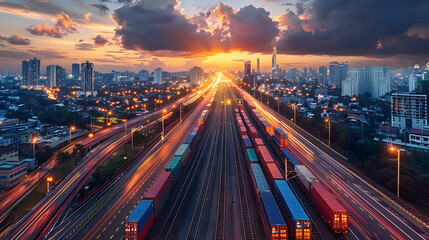 Obraz premium Aerial view of a city at sunset, showcasing highways with light trails and freight trains on parallel tracks, symbolizing urban transport and logistics