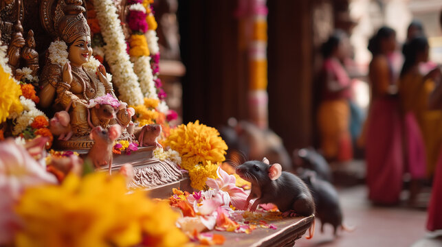 Karni Mata Festival, a group of people bring offerings of flowers and lamps to Karni Mata, sacred rats run around the altar, Ai generated images