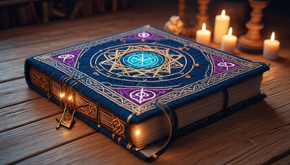 A yarn-bound enchanted tome with glowing runes on its soft cover, exuding ancient knowledge, Generative AI