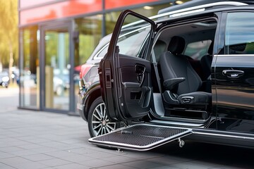Black car parked on the street with opened door and extended wheelchair ramp waiting for a driver