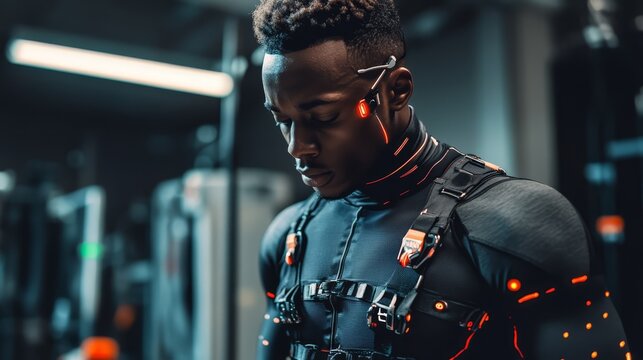 Athlete in smart clothing with embedded sensors during performance analysis in a training facility, measuring movement and muscle activation for enhanced training