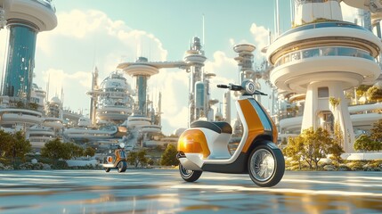 Naklejka premium A clean, futuristic city with electric scooters and bikes, capturing the essence of sustainable urban mobility and green living