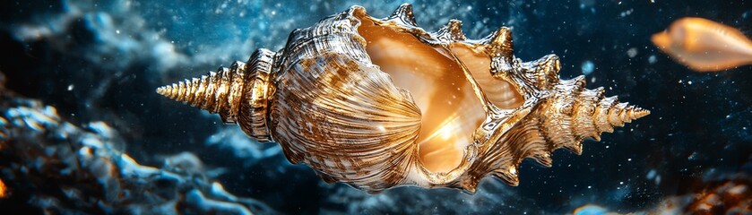 Closeup of a golden seashell with a blue background, perfect for a nature or ocean themed project.