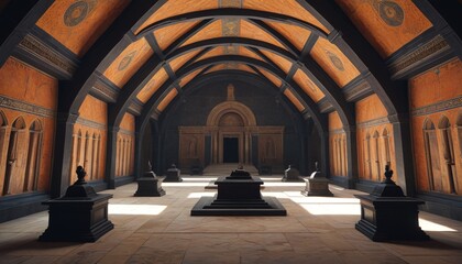 Obraz premium A grand tomb hall with vaulted ceilings and obsidian urns holding ashes of unknown warriors, Generative AI