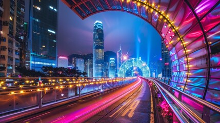Fototapeta premium A glowing tunnel of bright lights transforms the cityscape into a festive exploration scene