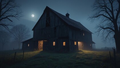 Fototapeta premium A haunted barn shrouded in fog, with eerie shadows and broken windows illuminated by moonlight, Generative AI