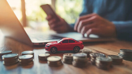 Red Toy Car on Wooden Desk with Stacks of Coins and Laptop in Background