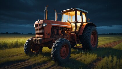 Fototapeta premium A broken-down tractor left in an open field, its headlights flickering as though possessed, Generative AI