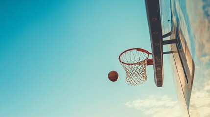 A basketball going through the hoop on an outdoor court.