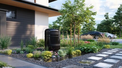 Rain barrel in front of a modern house, rainwater tank to collect rainwater and reuse it in the garden
