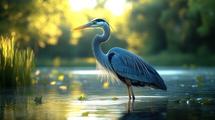 Naklejka premium A Great Blue Heron stands in shallow water with a blurred background of green trees and reeds.