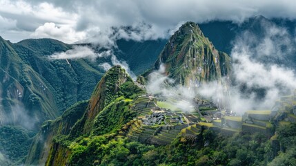 A captivating view of the famous Machu Picchu ruins perched high in the Andes Mountains with lush greenery and a misty atmosphere, archaeological setting with ancient majesty, Mystical style
