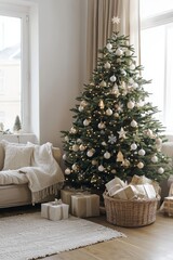 Fototapeta premium A Christmas tree adorned with white ornaments fills the living room, surrounded by neatly wrapped gifts and a cozy atmosphere.