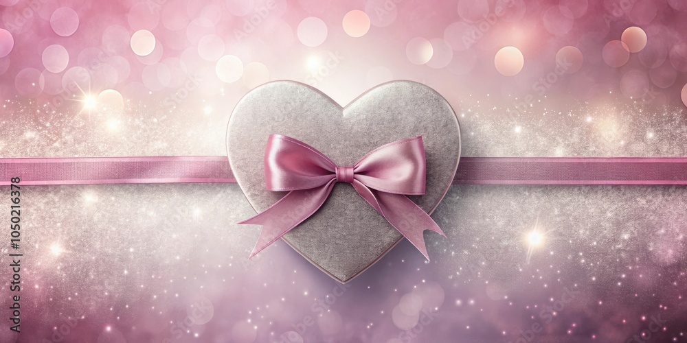 Poster a heart-shaped gift box tied with a delicate pink ribbon against a sparkling background of soft pink