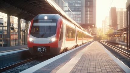 Fototapeta premium A modern train parked at an urban platform, ideal for transportation promotions and city commuting ads
