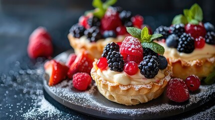 Delicious pastry topped with fresh berries, cream and mint on a dark background.