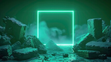 Abstract futuristic landscape with neon light and rocks.