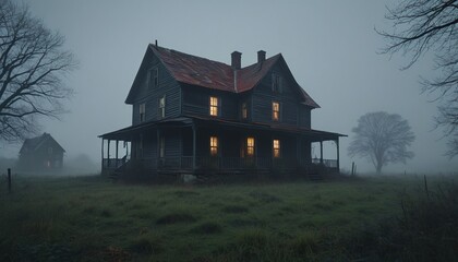 Obraz premium A sinister farmhouse surrounded by fog, with faint figures visible through broken windows, Generative AI