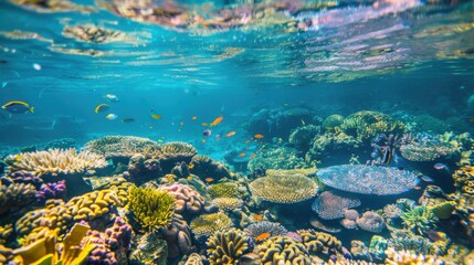 A captivating view of the Great Barrier Reef with colorful coral formations and schools of tropical fish swimming in clear waters, marine setting with vivid colors, Coral style