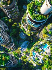 Aerial view of a futuristic city with green rooftops and sustainable architecture.