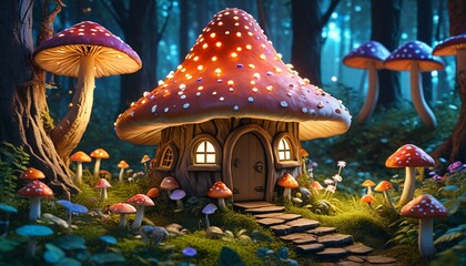 Obraz premium A whimsical fairy hut nestled among vibrant mushrooms and twinkling lights, surrounded by lush greenery in a magical forest, Generative AI