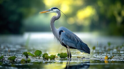 Fototapeta premium A great blue heron stands in a shallow pond, its long neck outstretched and its sharp eyes scanning the water for prey. The heron is silhouetted against a background of lush green foliage