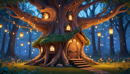 Obraz premium A cartoon-style fairy home built into the trunk of a giant tree, adorned with lanterns and surrounded by twinkling stars, Generative AI