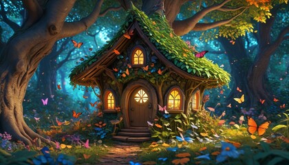 A vibrant fairy home with a garden filled with colorful butterflies, nestled under a canopy of shimmering leaves in an enchanted forest, Generative AI