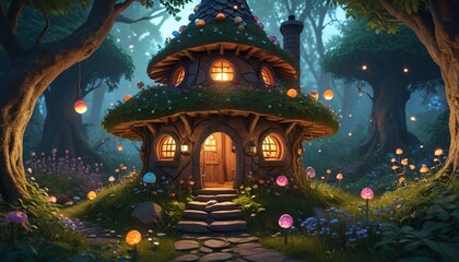 Obraz premium A mystical fairy hut with a whimsical chimney, surrounded by glowing orbs and lush greenery, creating a serene atmosphere, Generative AI