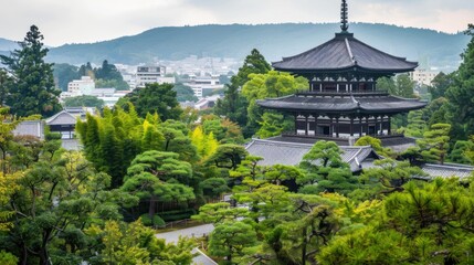 Fototapeta premium A captivating view of the historic temples and serene landscapes of Kyoto with traditional Japanese architecture surrounded by lush gardens, urban setting with tranquil greens and soft pastels