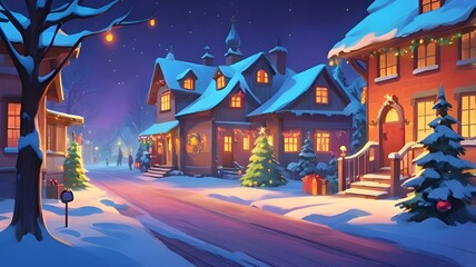 cartoon christmas night bg , background christmas night , house in night  