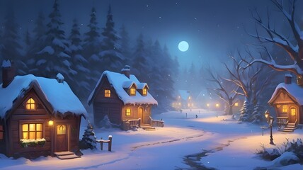 cartoon christmas night bg , background christmas night , house in night  