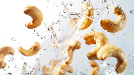 Close-up of cashew nuts jumping in clear water. Cashew nuts play with droplets of pure water in the air on a white background. Protein snack