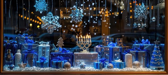 Hanukkah Storefront Display With Menorah, Dreidels, and Blue Wrapped Gifts for Holiday Decor
