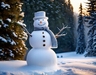 Obraz premium Snowman in the forest , Christmas and New Year festive time