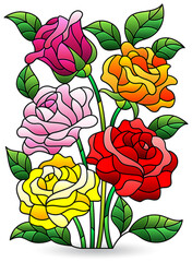Illustration in stained glass style with bouquet of rose flowers, isolated on a white background