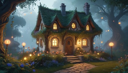 Fototapeta premium A magical fairy cottage surrounded by swirling mists and glowing orbs, with delicate vines wrapping around its charming architecture, Generative AI
