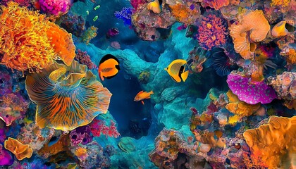 Fototapeta premium Vibrant coral reef with colorful fish swimming in clear blue water.
