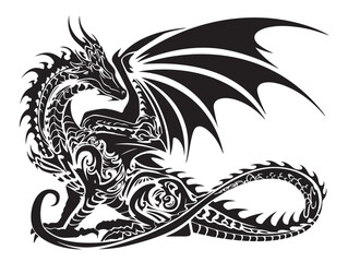 Fototapeta premium Ornate dragon silhouette, dragon drawing in 90s, early 2000s motif. Isolated black figure of mythical creature — graphic design element, tattoo sketch. Black and white vector illustration.