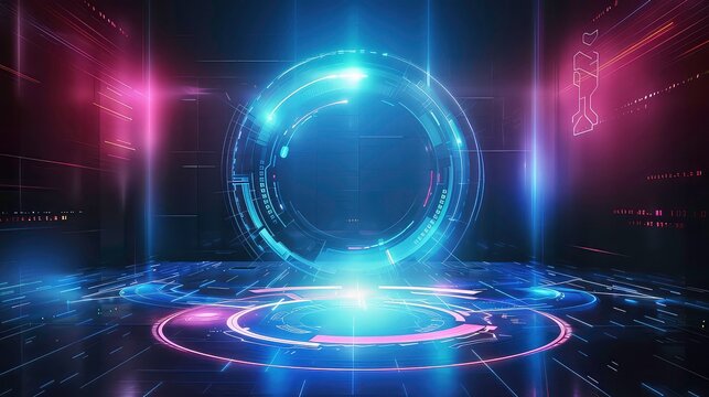 Futuristic Sci-Fi Room with a glowing circular portal and neon lines on the floor and walls.