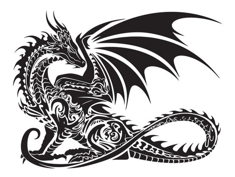 recommend clip art: Ornate dragon silhouette, dragon drawing in 90s, early 2000s motif. Isolated black figure of mythical creature — graphic design element, tattoo sketch. Black and white vector illustration.