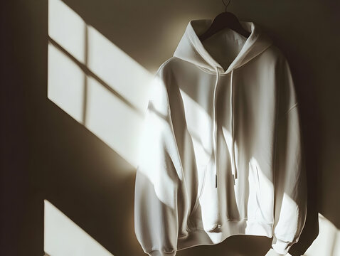 Hoodie Mockup - A white hoodie hangs against a wall, illuminated by soft, diagonal shadows from a window.